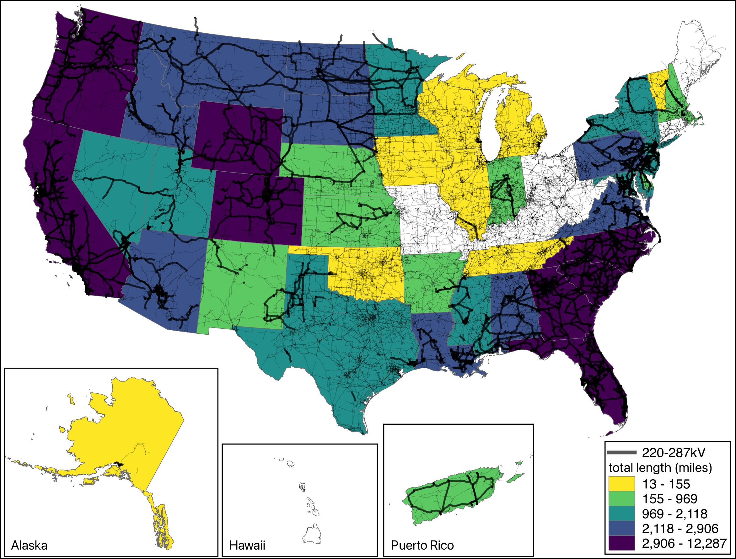 U.S. map with states colored to indicate transmission voltages between 220-287kV by state