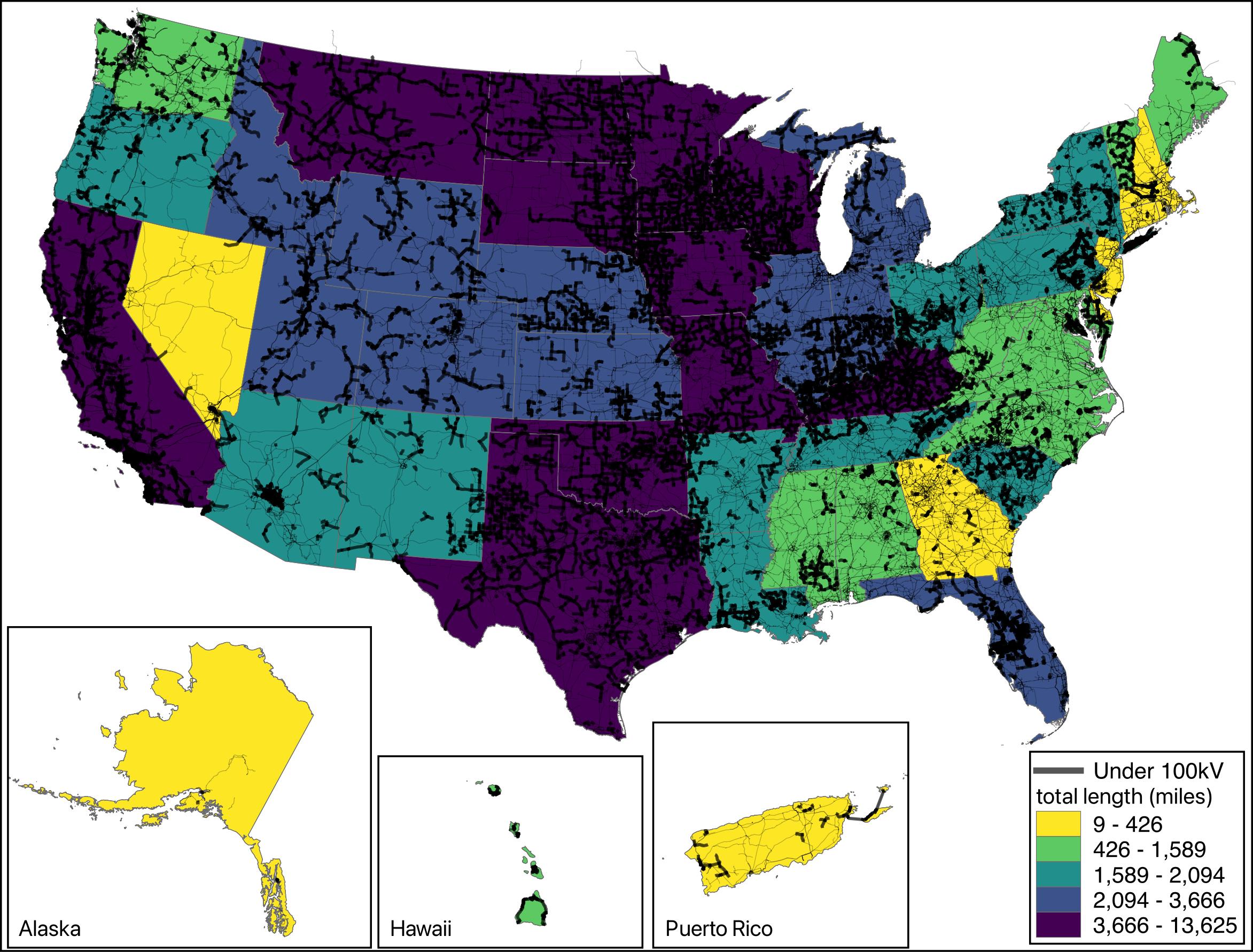 U.S map with states colored to indicate transmission voltages under 100kV by state