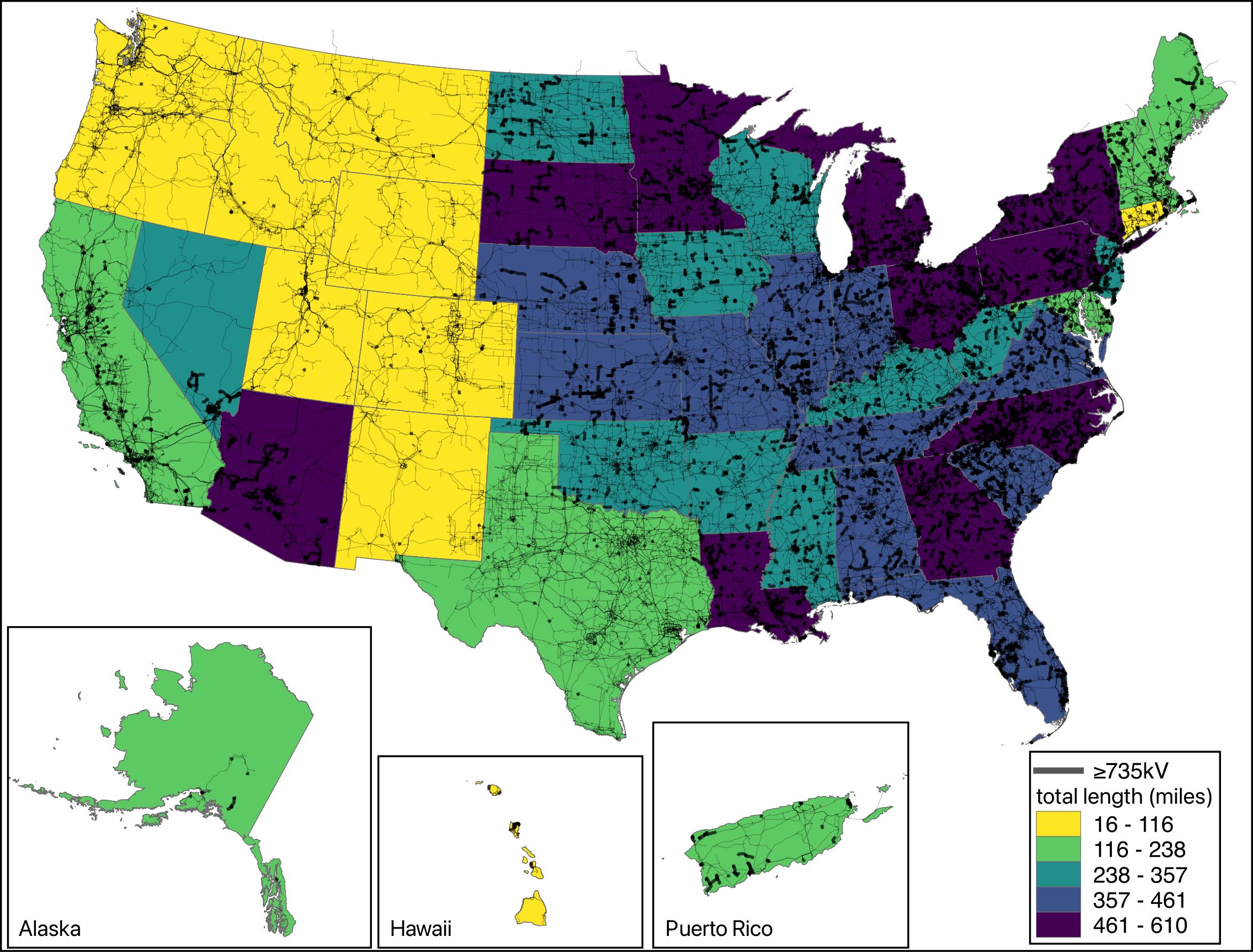 U.S. map with states colored to indicate where the transmission lines do not have a voltage identified to them.
