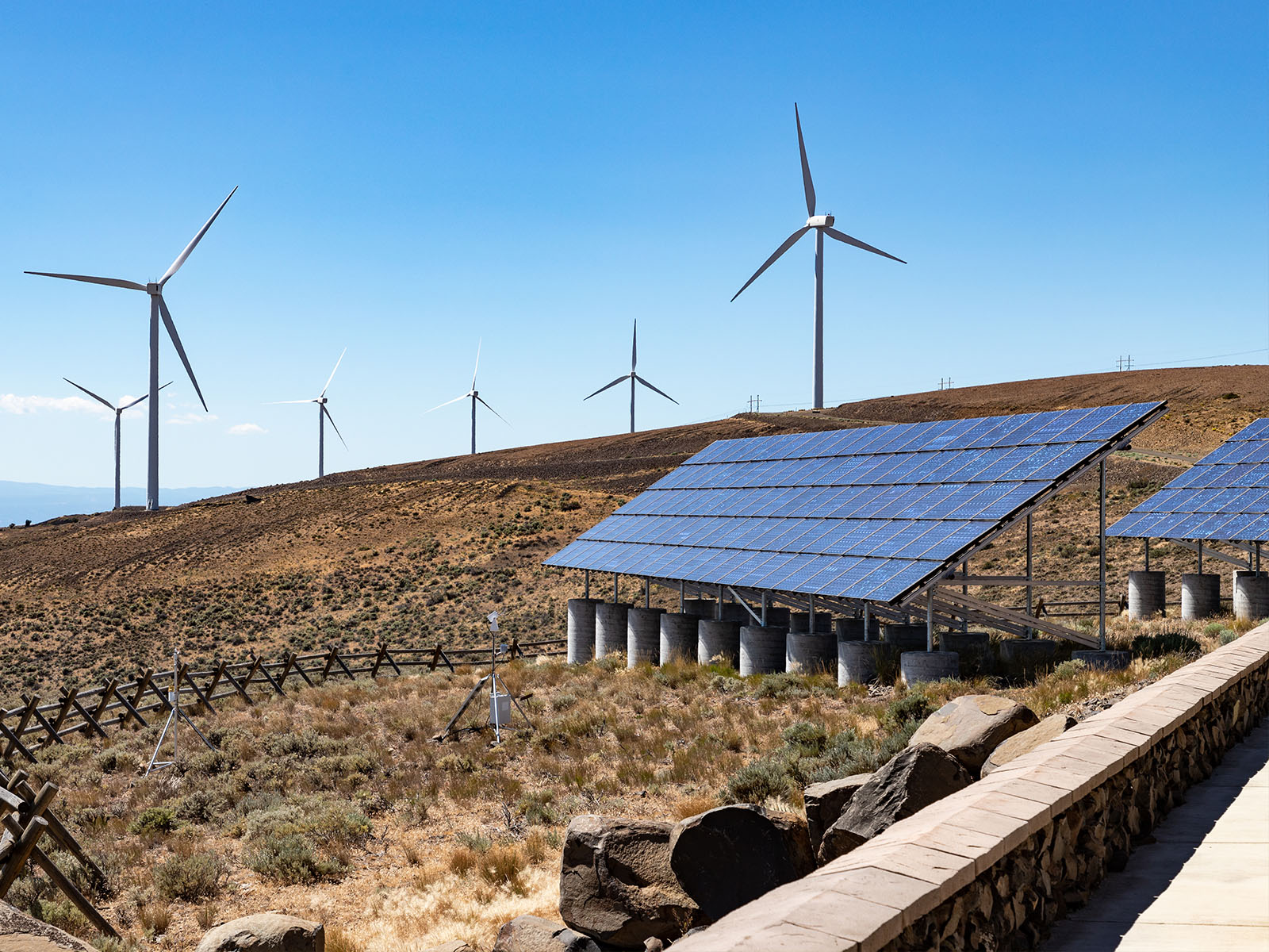 The Wild Horse wind farm and solar panels are on the arid desert hillside near Ellensburg, Wash.