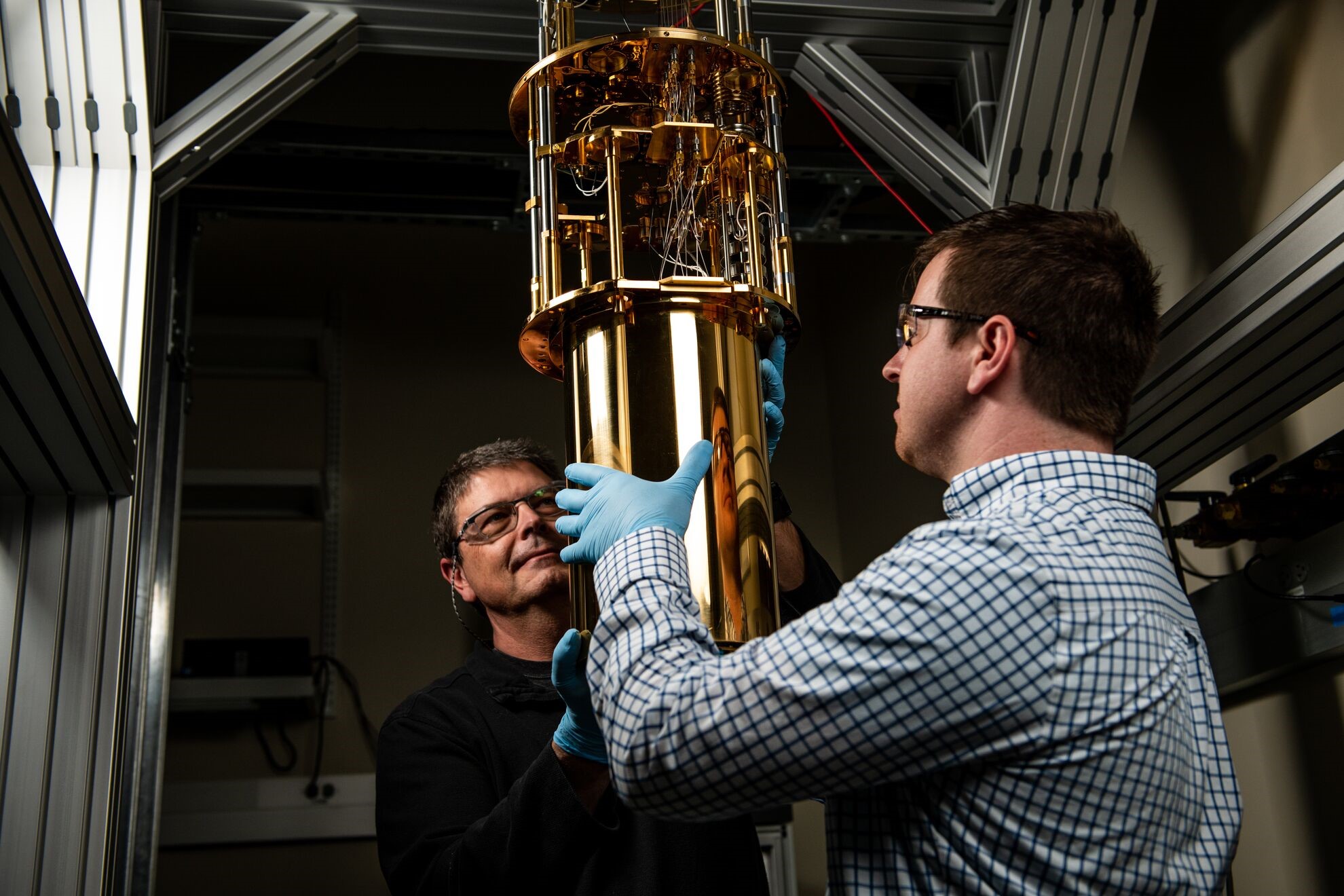 PNNL’s dilution refrigerator is capable of cooling samples to almost absolute zero on the Kelvin scale—about minus 459 degrees Fahrenheit. Researchers are testing various materials to see how they change at various temperatures. Photo by Andrea Starr.