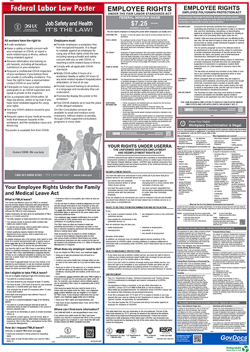 a document screenshot titled "Federal Labor Law Poster" with several sections of information regarding employee rights