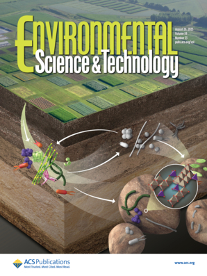 Cover of Environmental Science and Technology journal with a graphic illustrating layers of soil, and the various compounds and organisms found within them, beneath grassy fields.