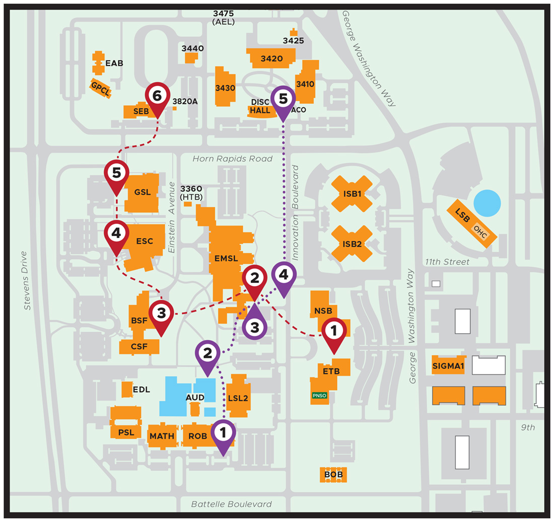 a map of the PNNL campus with markers indicating stops on the two historic walking tour routes