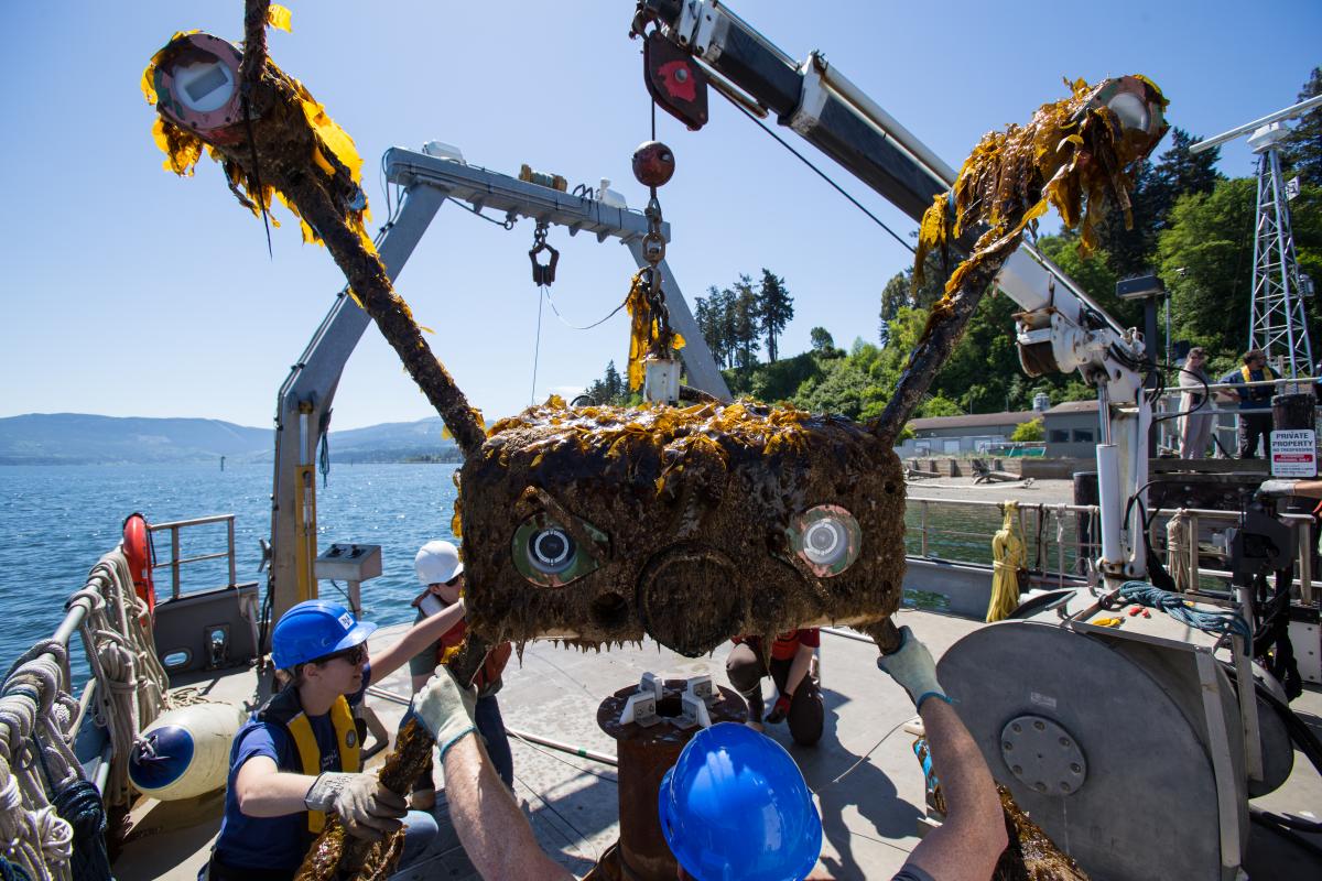 An early model of the University of Washington's Adaptable Monitoring Package after being deployed in Sequim Bay.