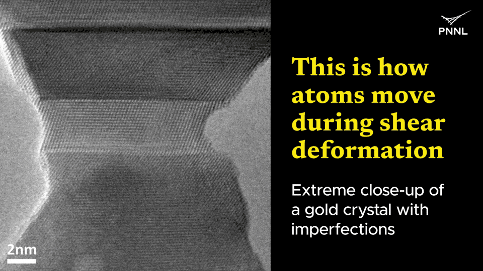 Video showing atomic movement during shear deformation in a gold crystal with imperfections.