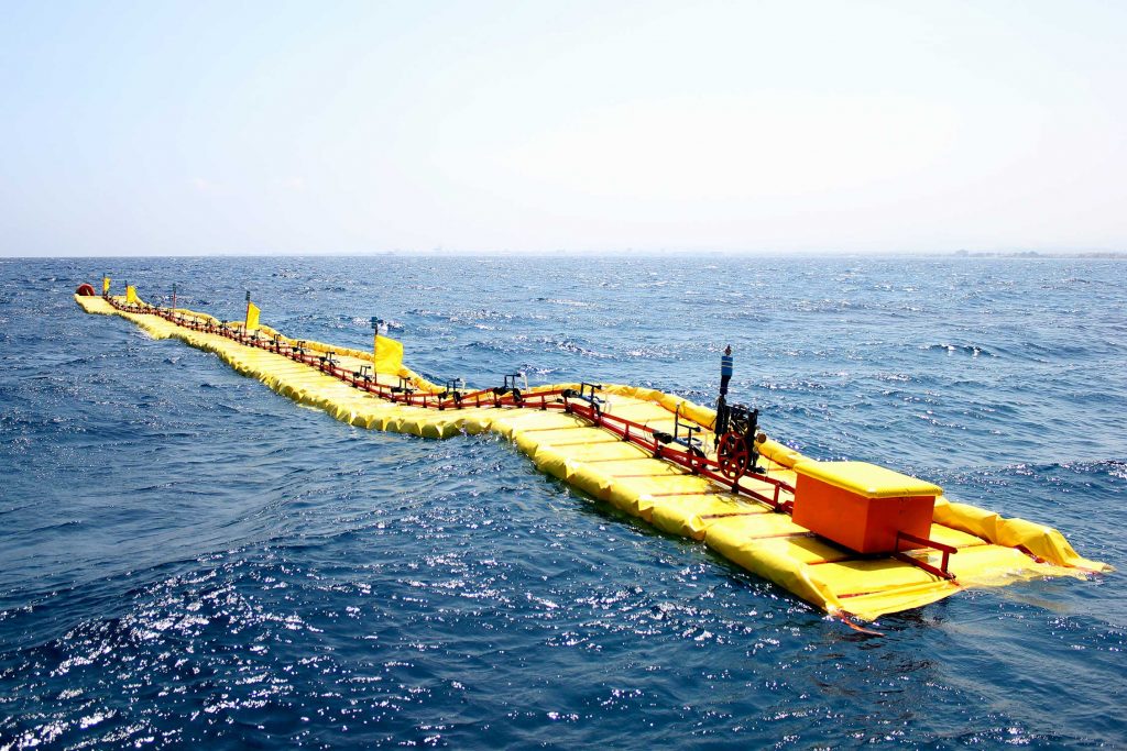 The Sea Wave Energy Ltd. Waveline Magnet wave attenuator during an open sea trial. 