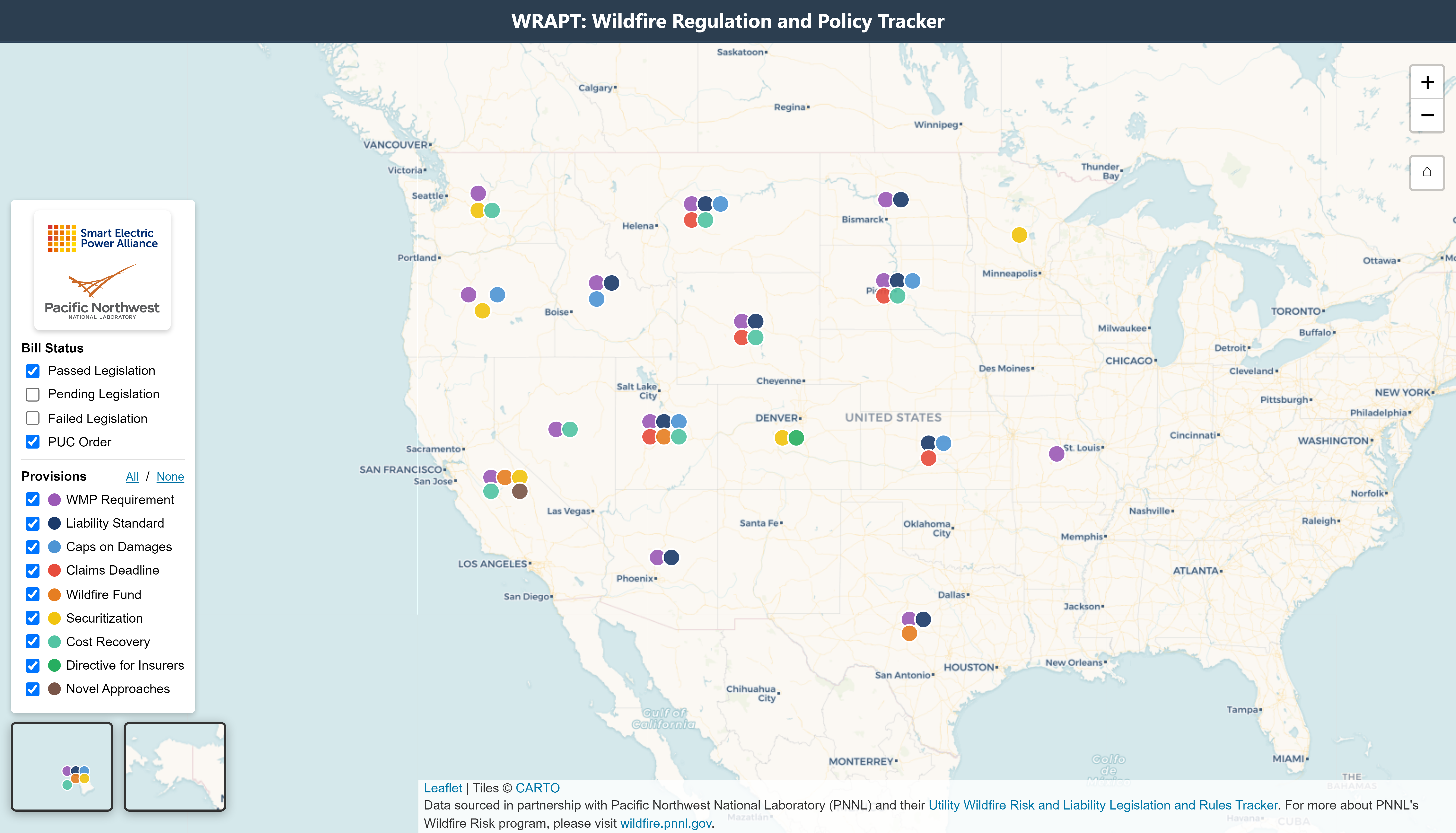 Image is a screen of the WRAPT tool, showing a map of the United States with certain kinds of legislation highlighted by circles in various states.