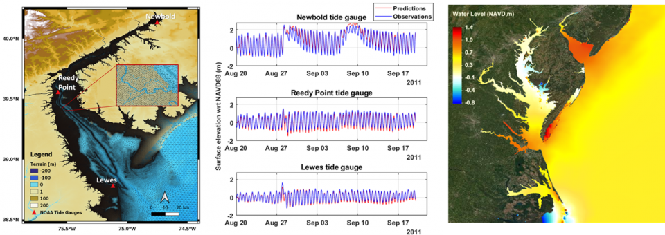 three images of different colors demonstrating storm surge