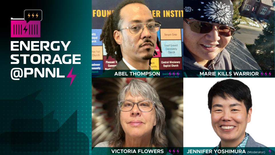 four photos featuring the panelists for April, image includes teal background with a bright pink battery and white writing.