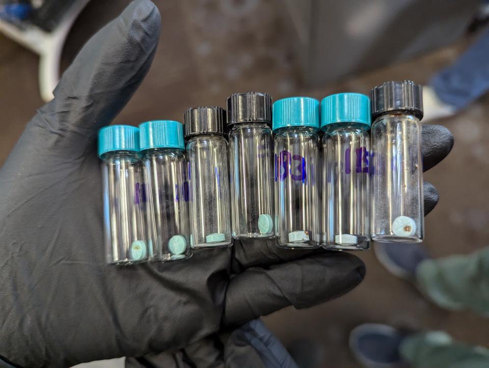 The photo shows seven sealed vials, each containing a tablet of fentanyl