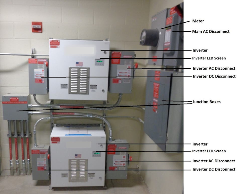 Two small solar photovoltaic central inverters with related components located in an electrical room