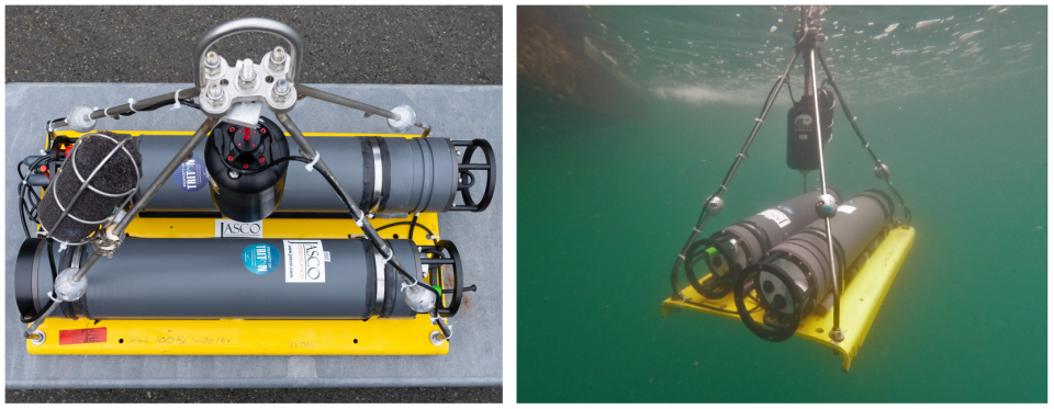 The JASCO vector sensor hydrophone (VSH) sensor as it gets prepared for deployment (left) and (right) after deployment for testing in Sequim Bay, Washington. 