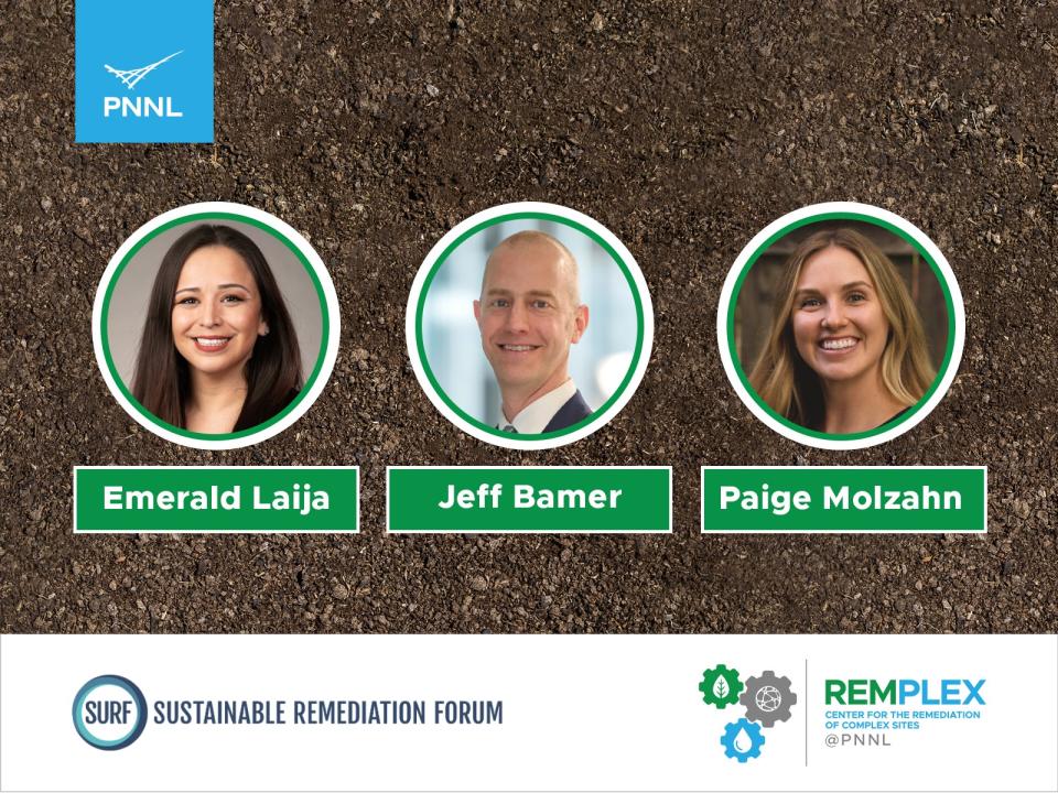 Graphic showing three seminar speakers on background of dark soil with institution logos