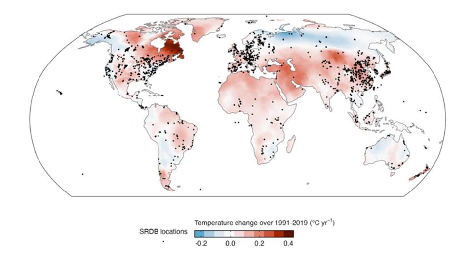 a world map showing the change in global temperatures from 1991 to 2019