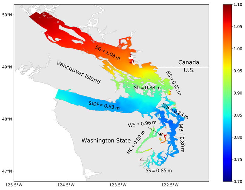 illustration of storm surge height showing map of Washington state