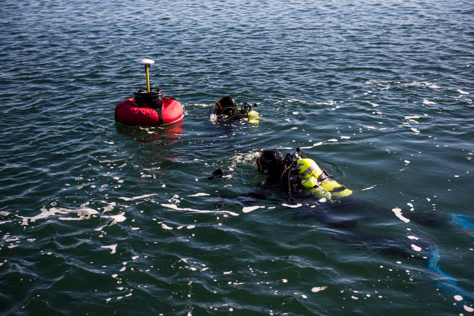 Divers in water with GPS buoys.
