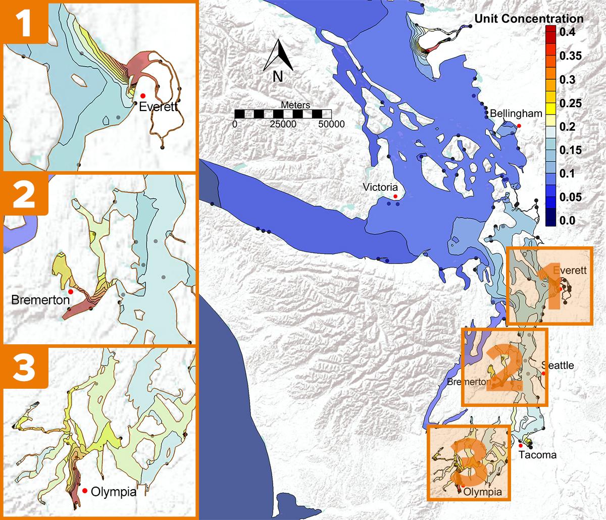 A map of the Puget Sound showing the 18 areas where research mussels were deployed. The areas with toxics are colored red.