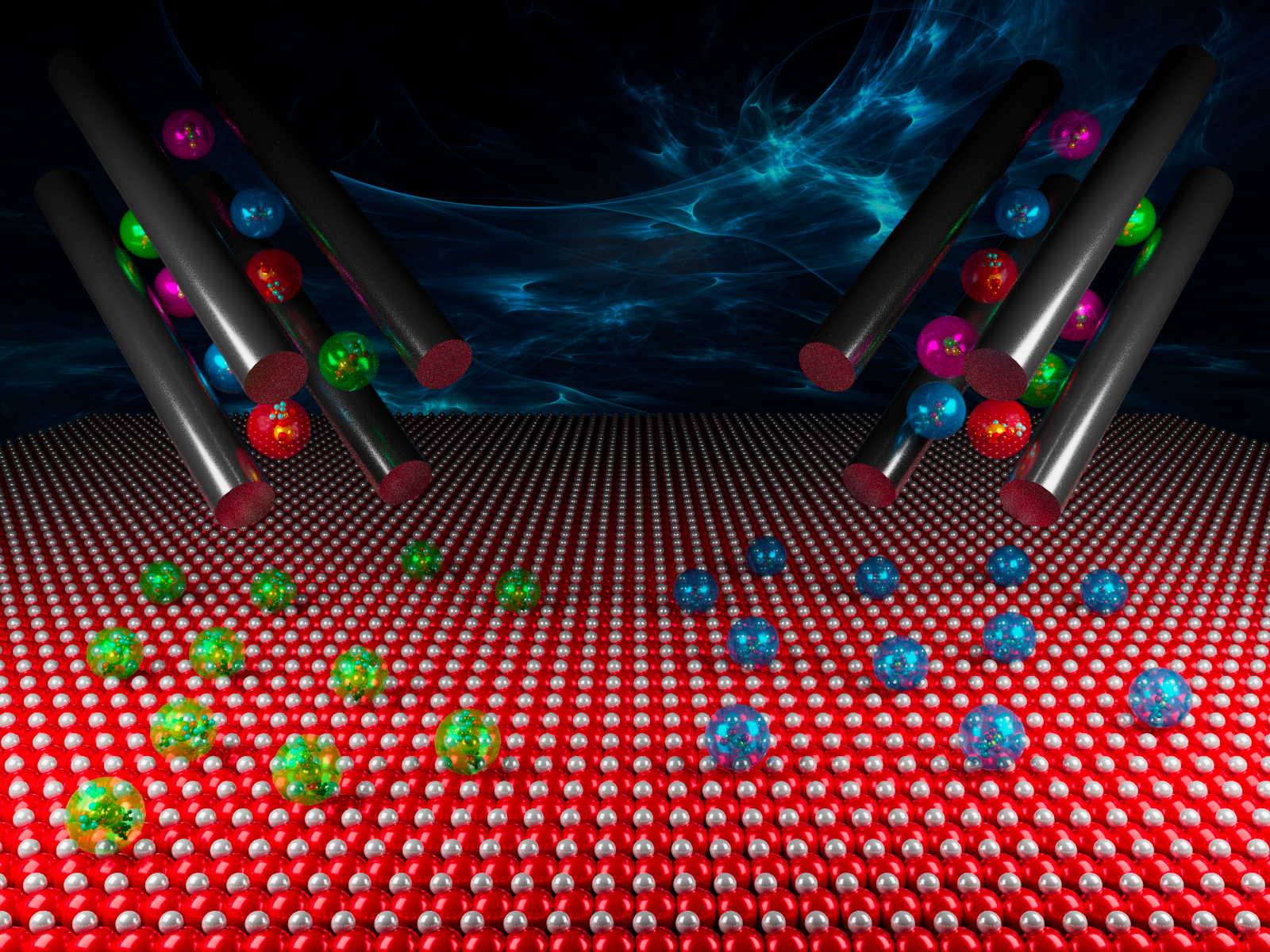 Illustration showing multicolored molecule-filled spheres passing through four cylinders, which represent the selection process of the ion soft landing instrument. Only one color of balls passes through the cylinder to land on the red surface below.