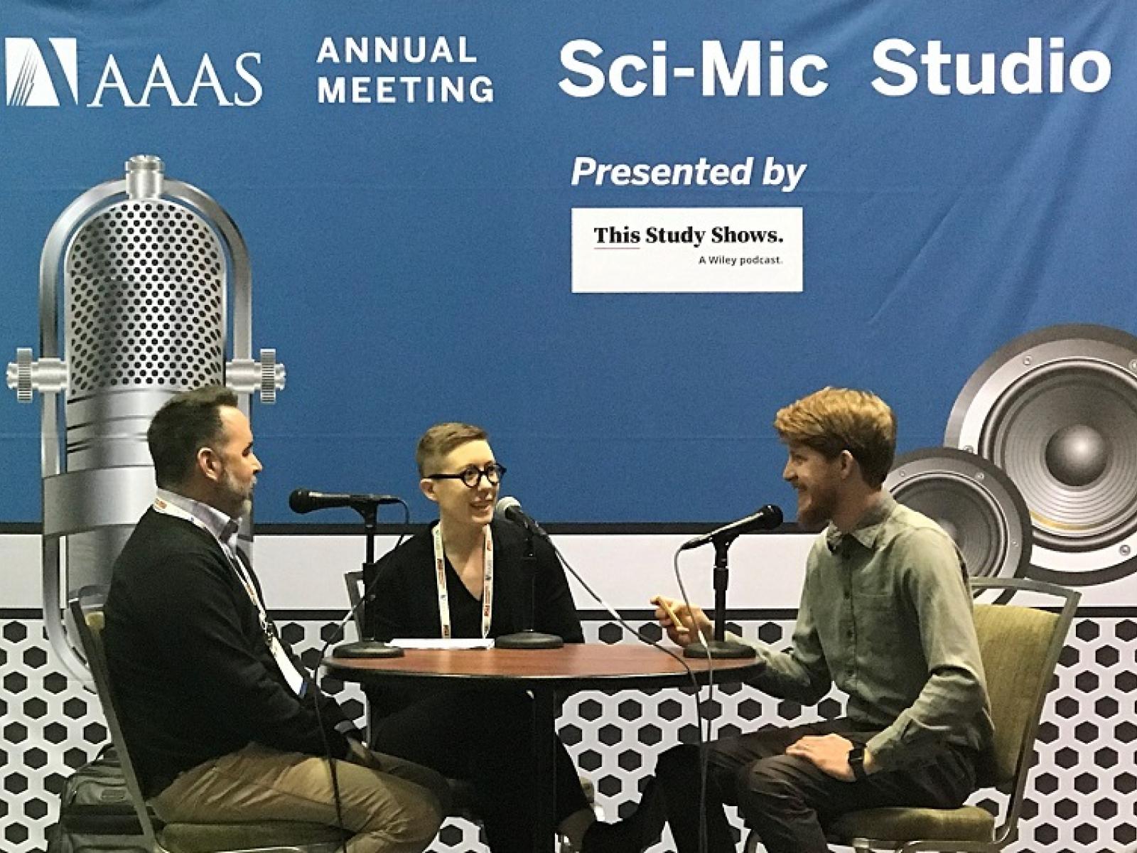 PNNL’s Court Corey (left) and Kyle Bingman (middle) talked about artificial intelligence with Matt Dozier for DOE’s Direct Current podcast.