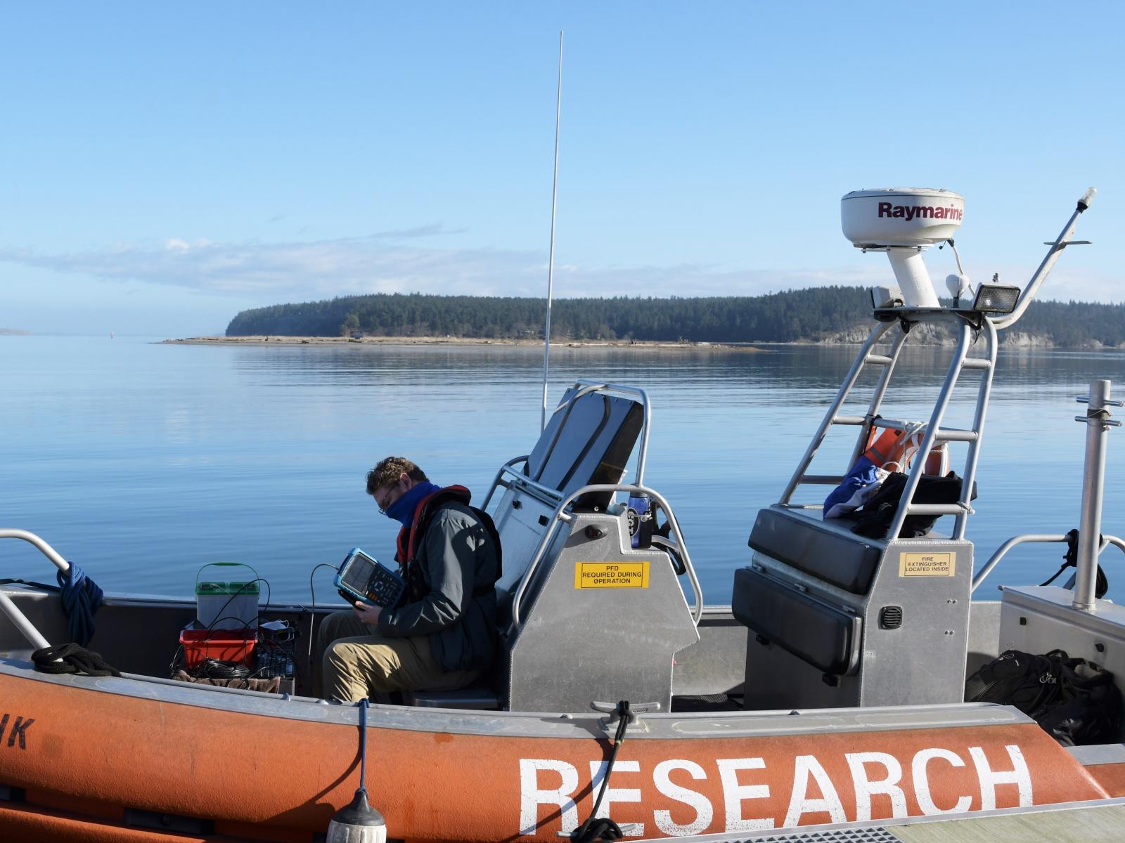Nolann Williams in Sequim Bay testing an electromagnetic field detection technology for partners at the Woods Hole Oceanographic Institution. 
