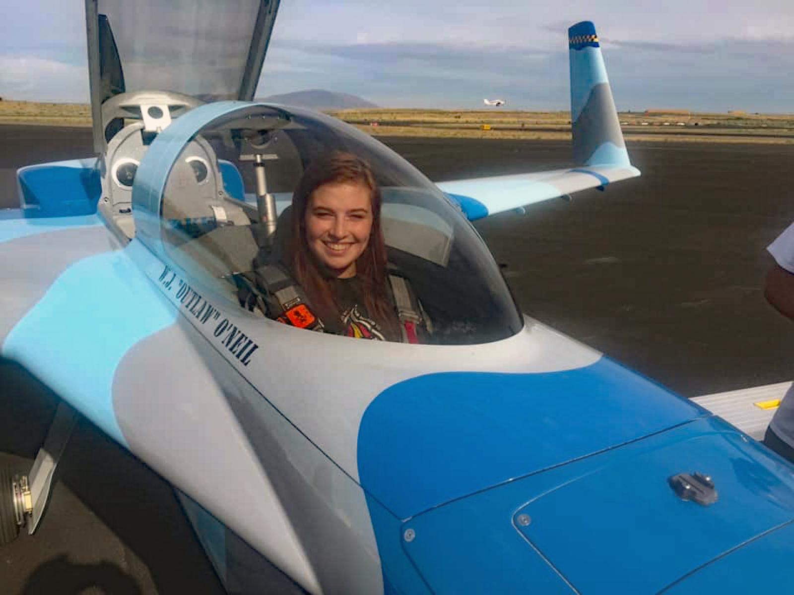 Alyssa in the cockpit while flying at the Richland Airport. 