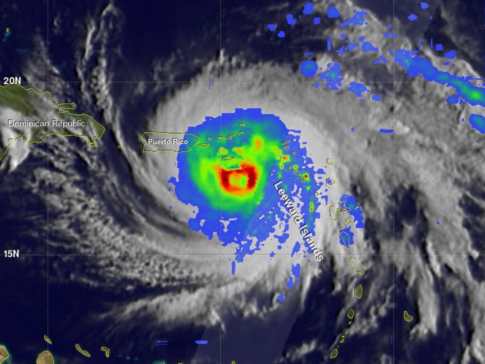 Colorized satellite image of a tropical cyclone over the Caribbean
