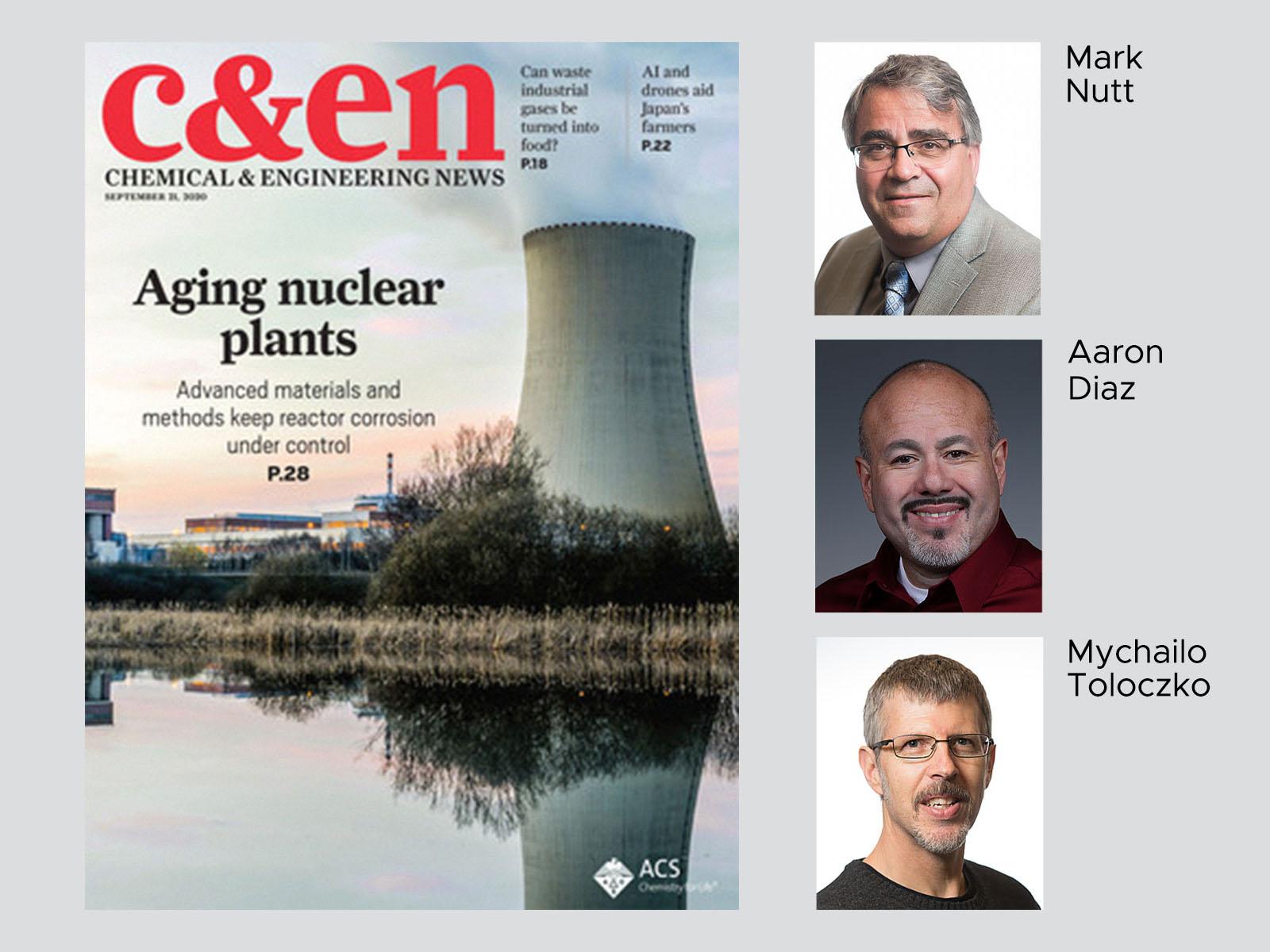 Composite image showing C&EN News journal cover alongside photos of featured researchers