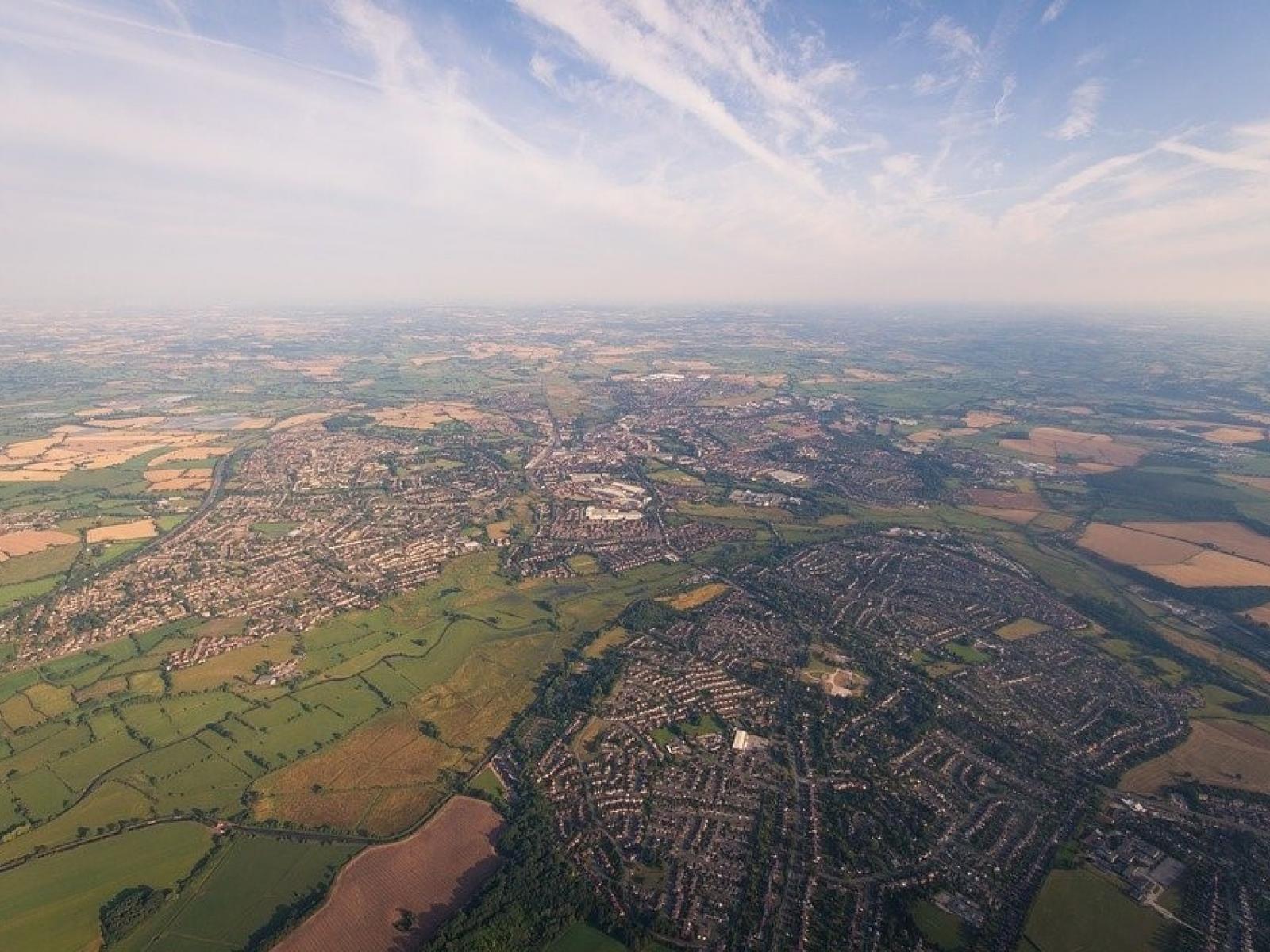 Aerial image of fields and human-modified semi-urban space