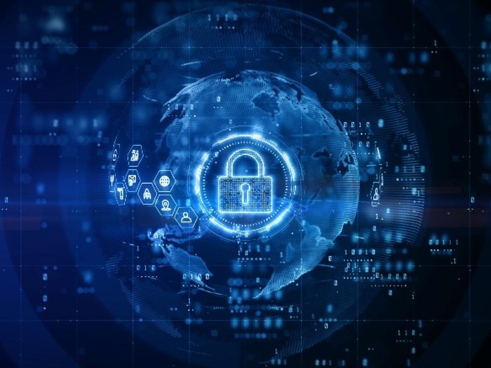 Digital background with globe and lock in the middle.