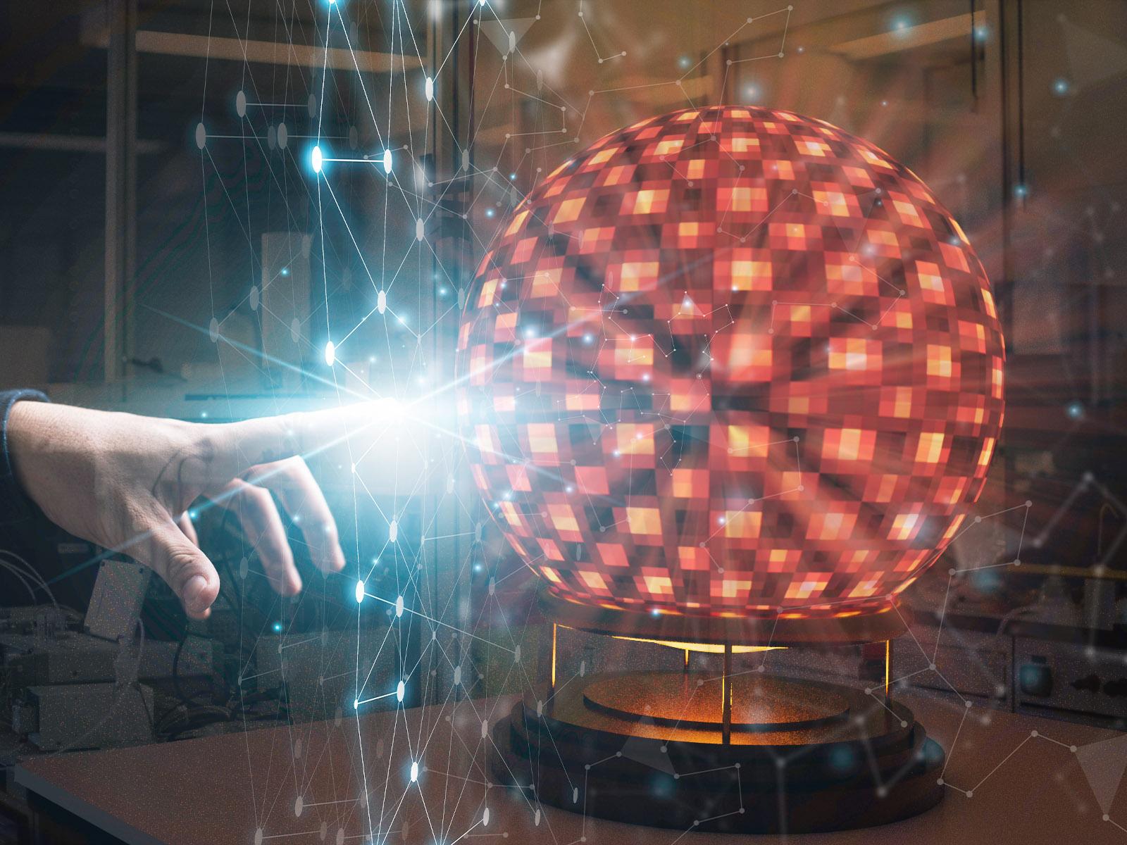 A hand surrounded by visual representations of data reaching for a crystal ball filled with electron microscope images