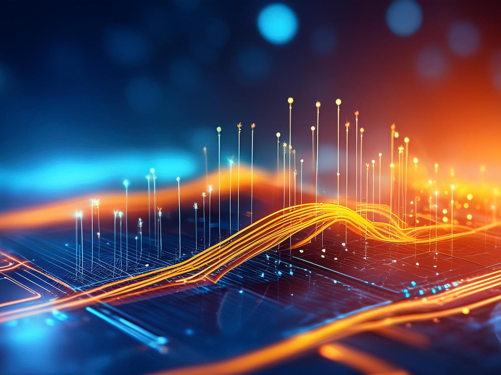 Artificial intelligence graphic of blues and oranges that look like a wave of data.