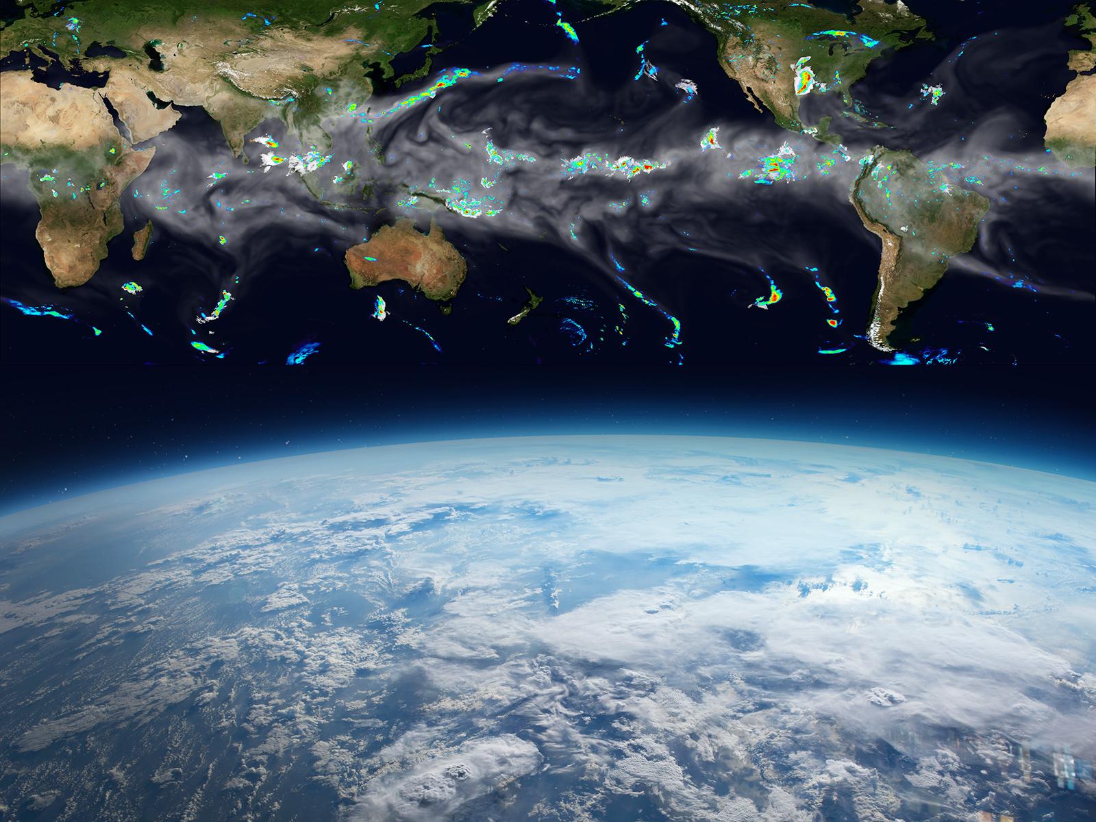 Combined image of real-world MCS satellite data over a space photo of the edge of the Earth