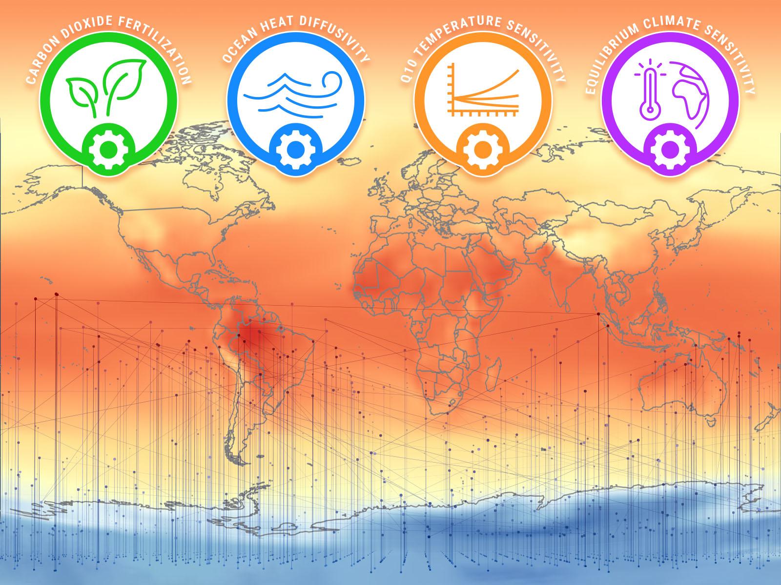 Map of global changes in temperature overlaid with lines representing data and logos representing various controls at the top