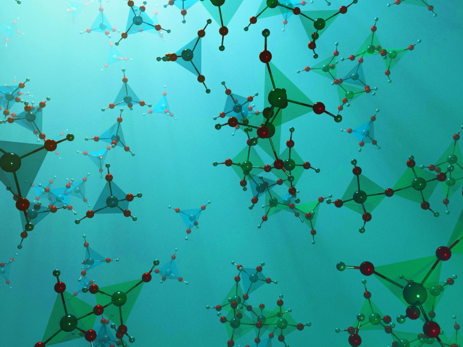 Molecules with shaded structural pyramids floating on a blue-green background