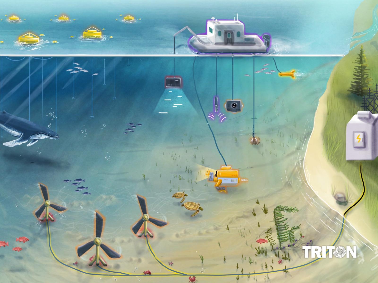 Illustration of underwater scene with marine energy devices and environmental monitoring technologies. 
