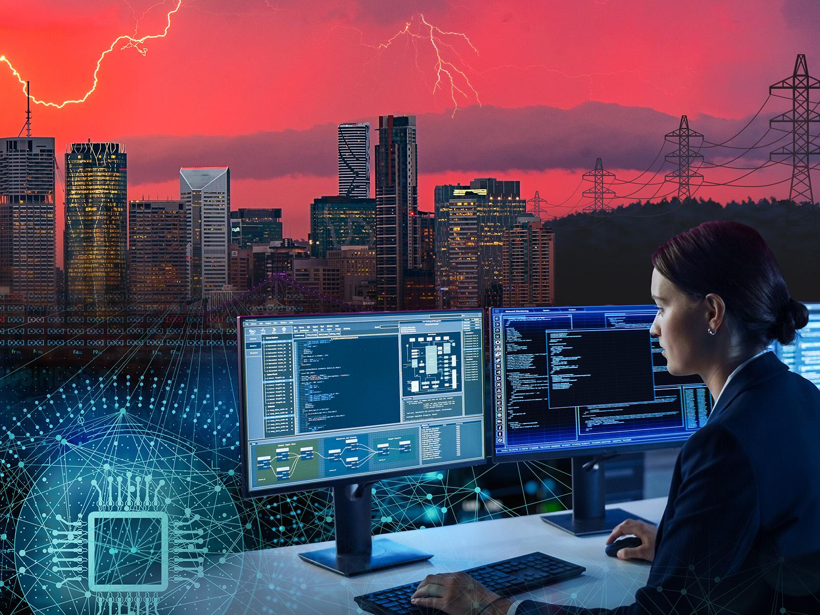 Composite image depicting a red-toned stormy city skyline, powerlines, and woman sitting at computer screens