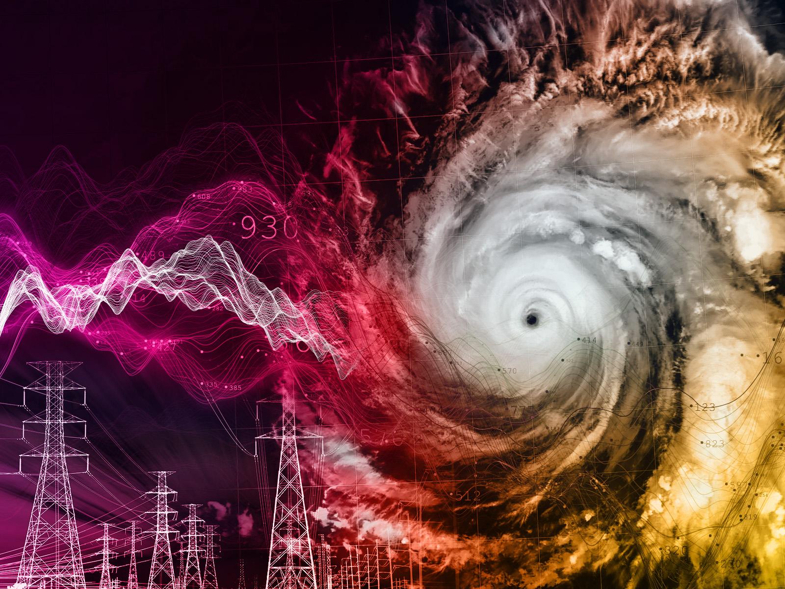 The eye of a hurricane with data points, and transmission lines to show connection