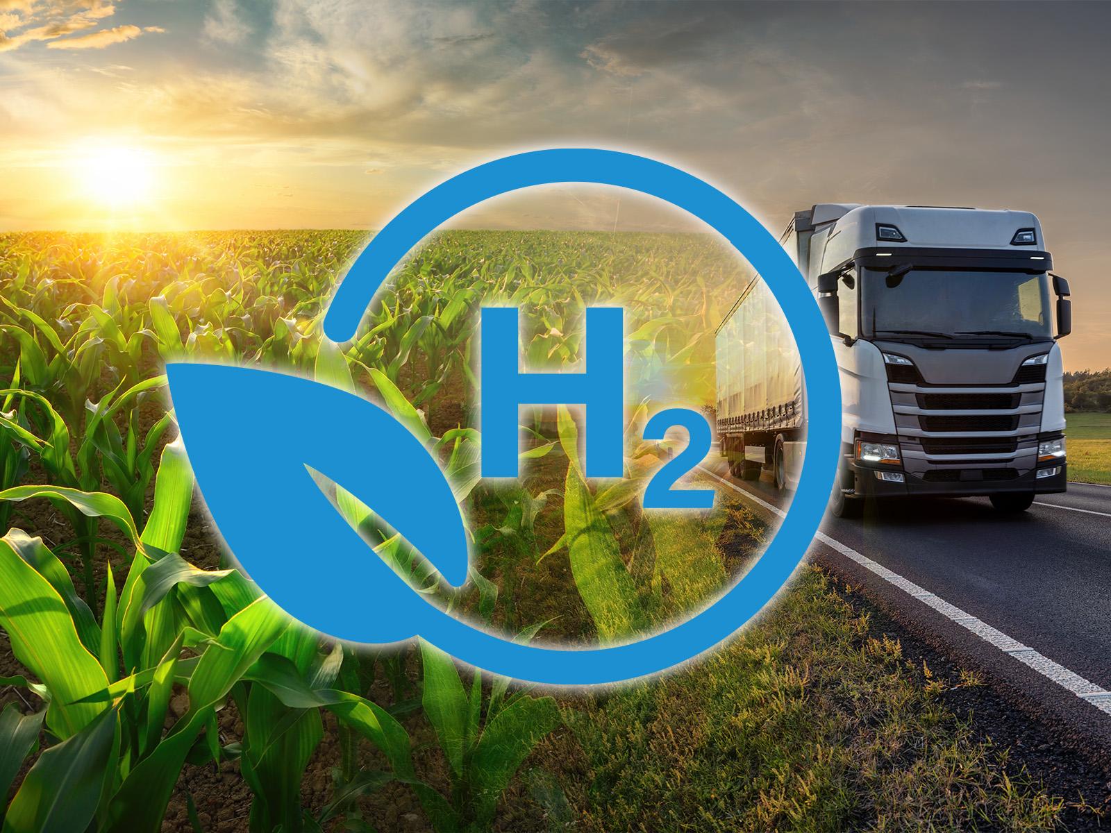 A hydrogen truck and corn field are shown with a symbol for hydrogen.