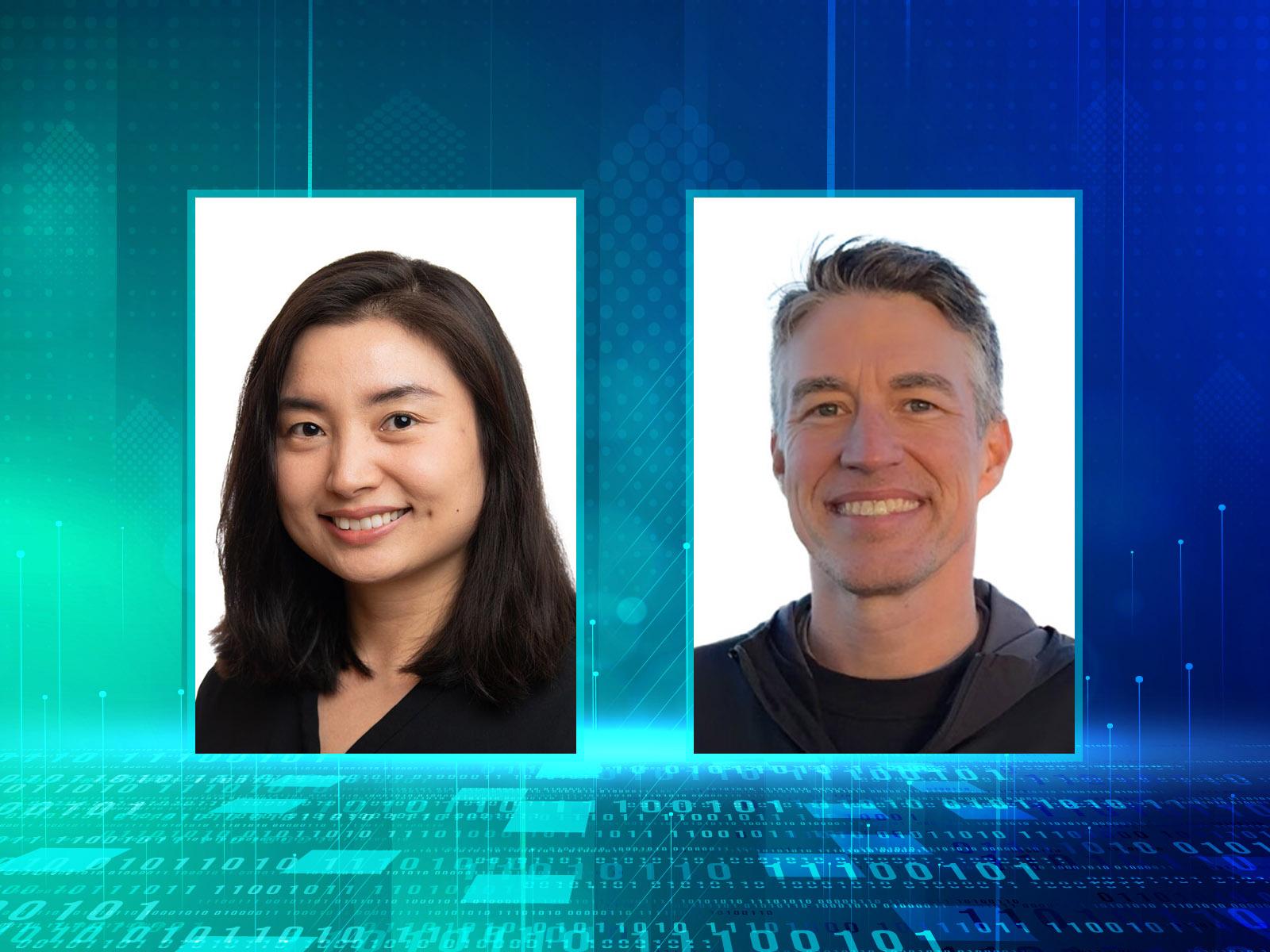 images of Mengqi Zhao and Chris Vernon on a code-decorated blue-green background