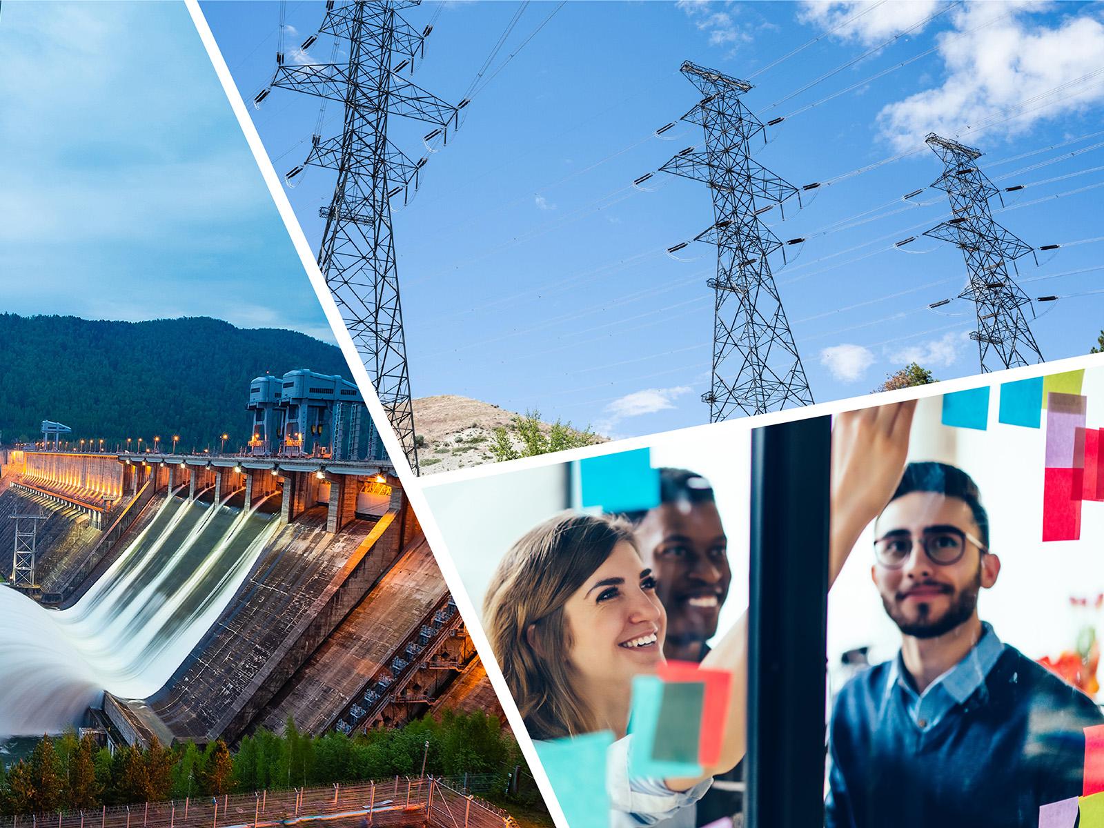 Collage of images showing hydropower, electric grid infrastructure, and people brainstorming something on sticky notes