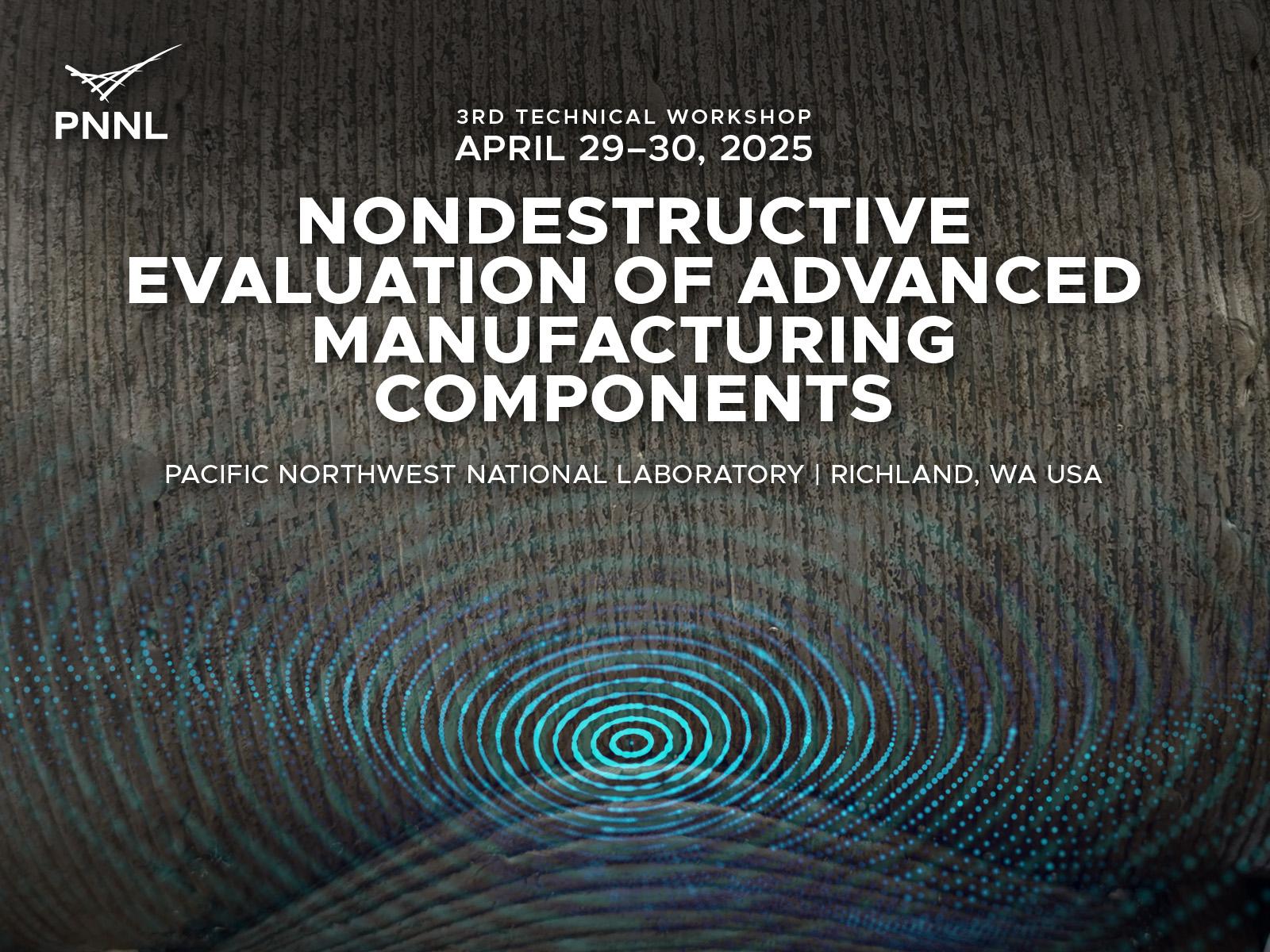 A background of an actual 3D-printed metal component with an overlay representing ultrasound waves used in nondestructive evaluation.