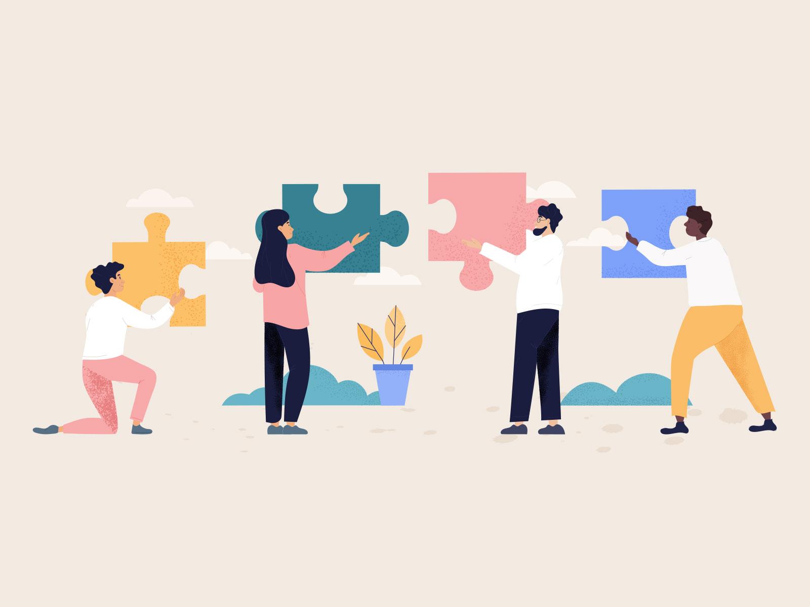 Illustration of teamwork, people putting together puzzle pieces