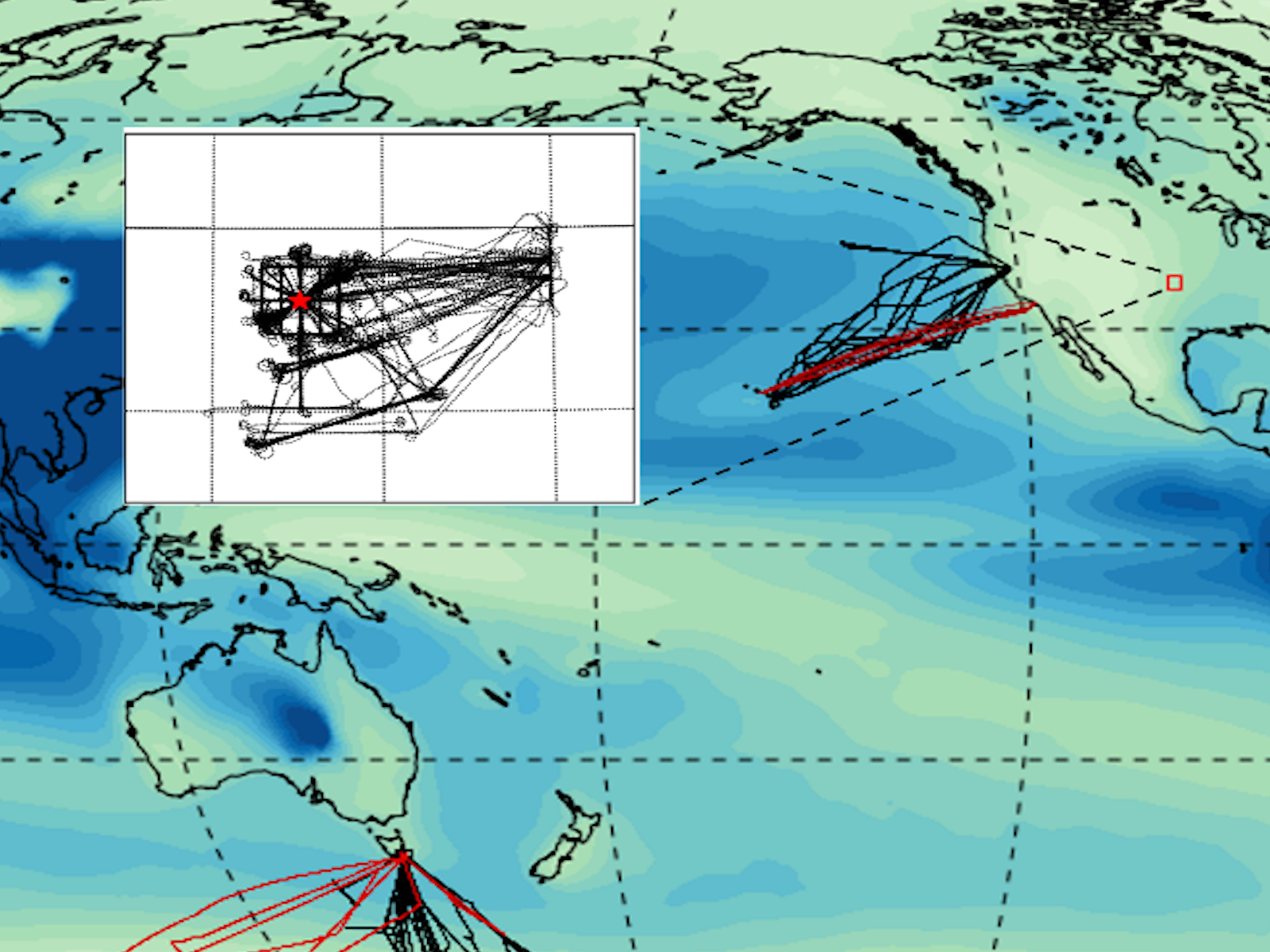 Map projection in cool tones with small insets of flight paths