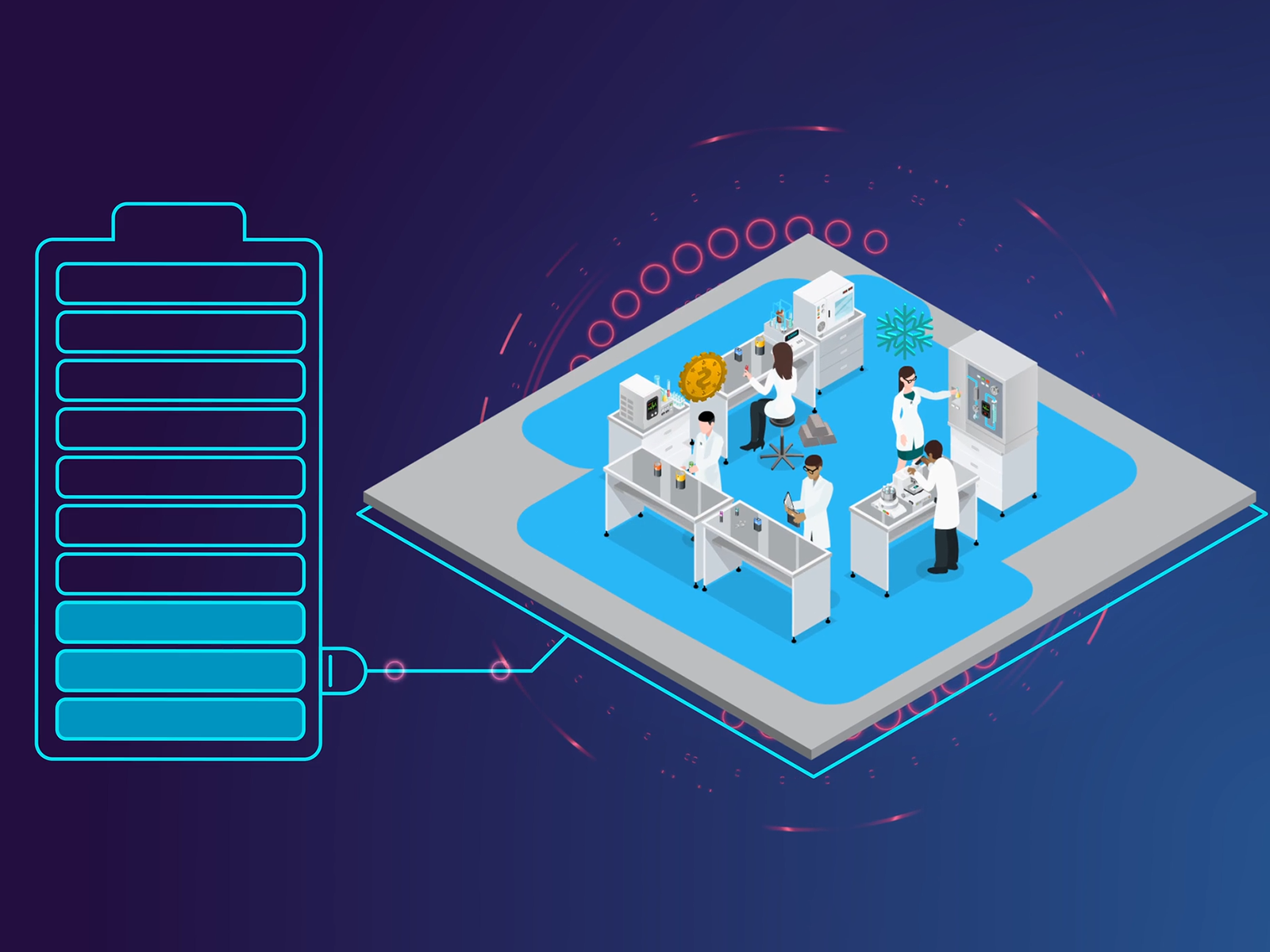 Artwork depicting researchers in a lab researching energy storage.