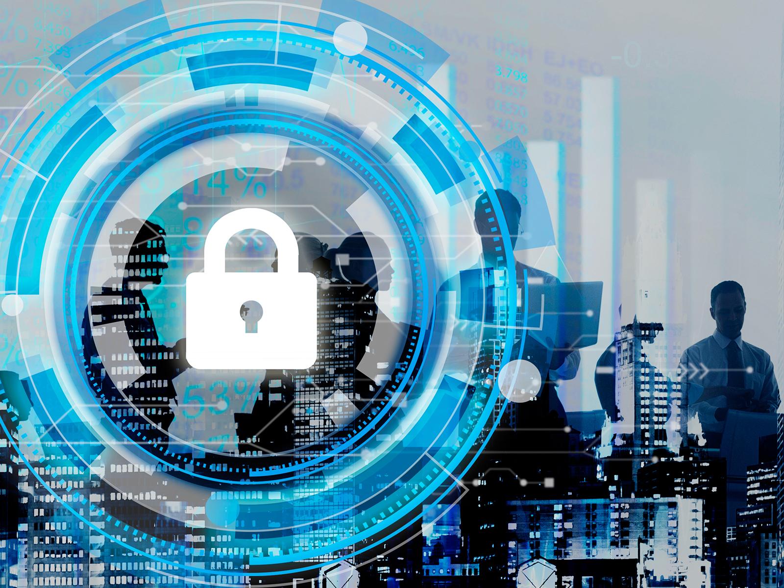padlock graphic over abstract cyber and building images