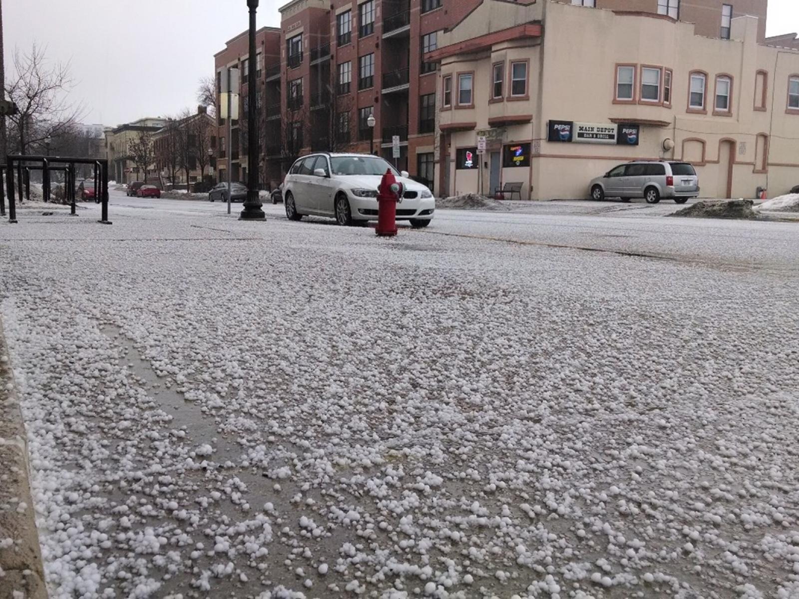 Photograph of street covered in hail