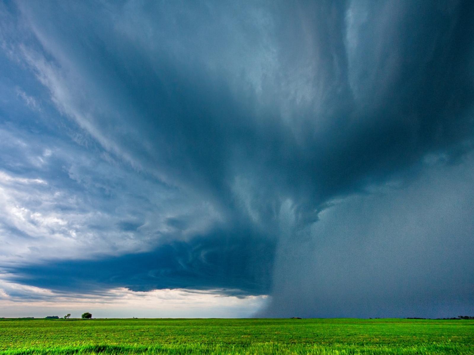 Dark storm clouds over green field