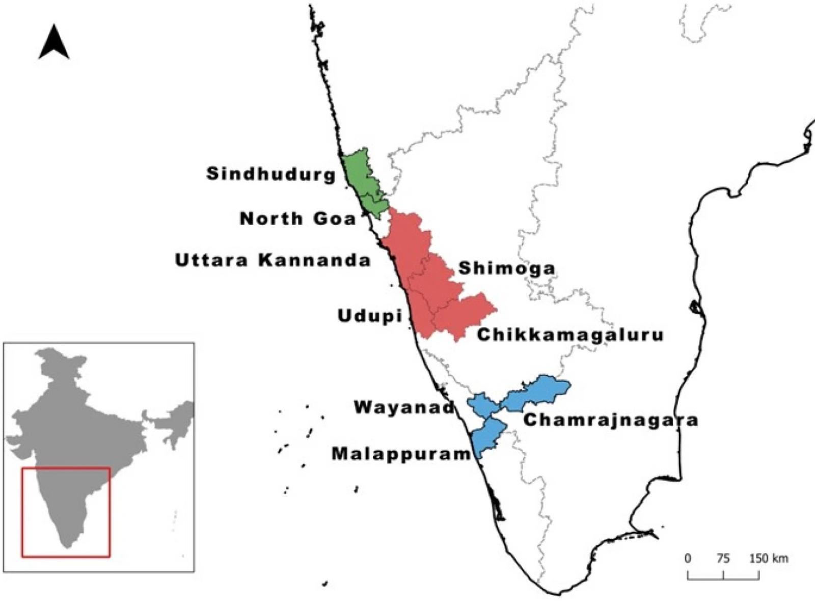 Map of areas of India impacted by Kyasanur Forest Disease