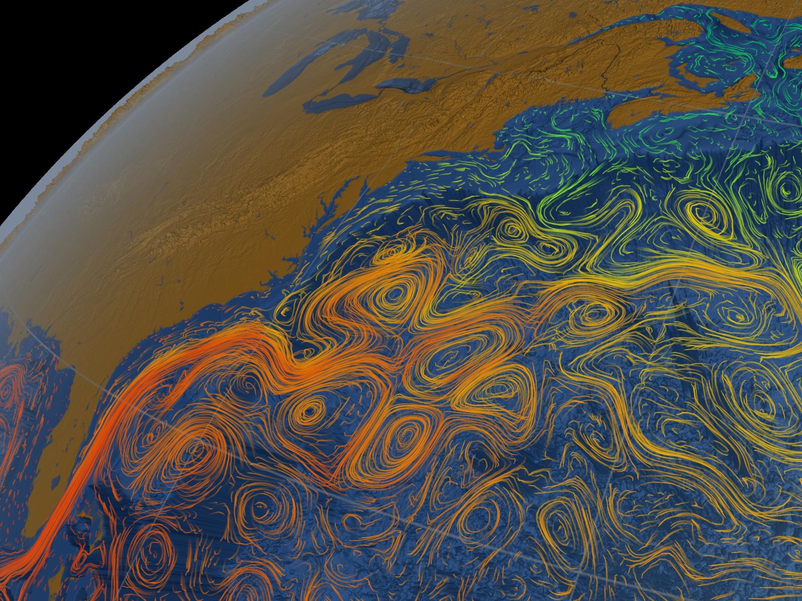 A picture of the Earth with the Atlantic Ocean overlaid with the surface currents. Various colors indicate the temperatures of these surface currents.